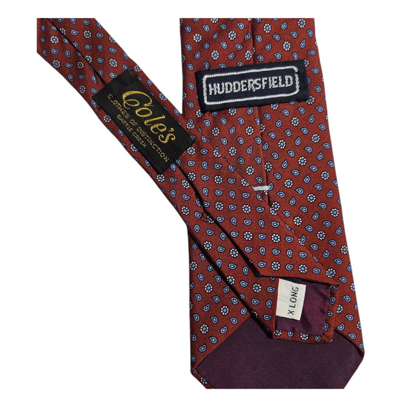 Cole’s Huddersfield Red Blue Geometric Silk Tie X-Long Made in Great Britain - Picture 5 of 6